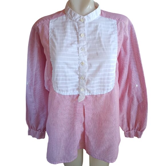 Vintage Women's Blouse Large Fritzi Pink Striped Bib Front 1970's True Boho - Picture 2 of 6